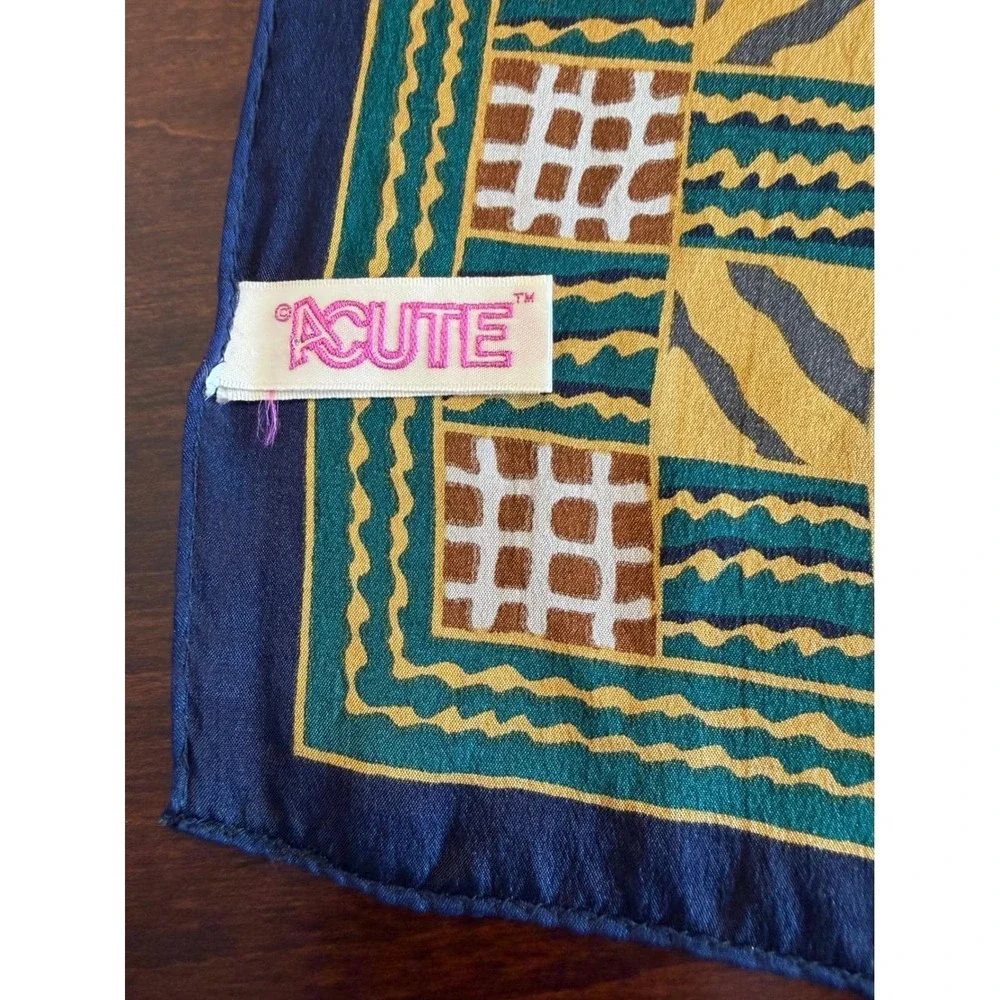 Vintage 80s ACUTE Silk‎ Scarf Navy Gold Geometric Animal Op Art Power Dressing